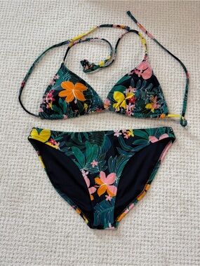 Old Navy Black Floral Two-Piece Bikini with Pink, Yellow & Orange Flowers